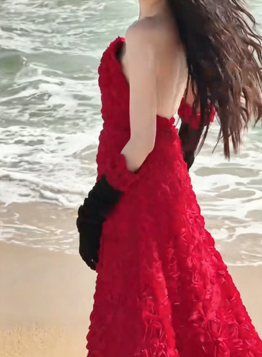 Sexy Strapless Red Prom Dress Floral A-Line Evening Dress GG6328