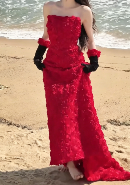 Sexy Strapless Red Prom Dress Floral A-Line Evening Dress GG6328