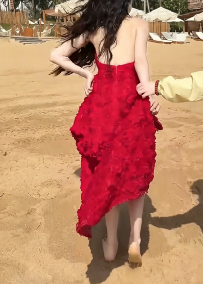 Sexy Strapless Red Prom Dress Floral A-Line Evening Dress GG6328