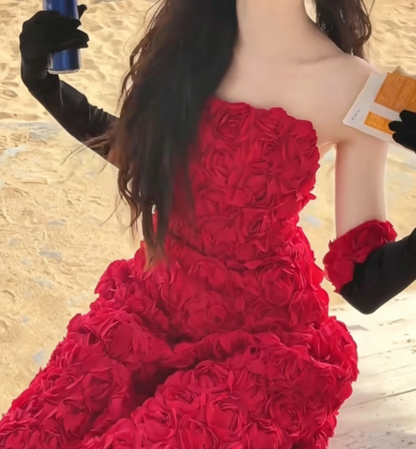 Sexy Strapless Red Prom Dress Floral A-Line Evening Dress GG6328