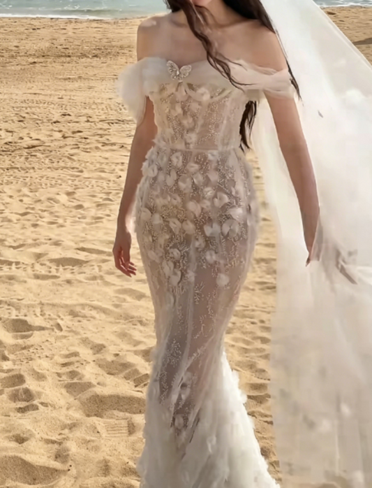 Glam Off-Shoulder Wedding Dress Sequins Tulle Mermaid Bridal Dress GG6329