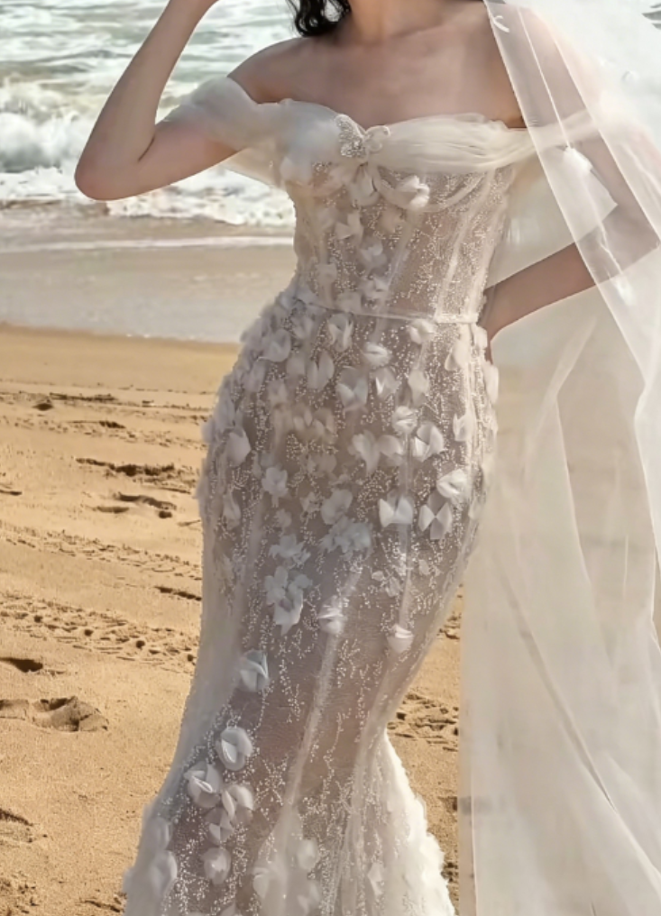 Glam Off-Shoulder Wedding Dress Sequins Tulle Mermaid Bridal Dress GG6329