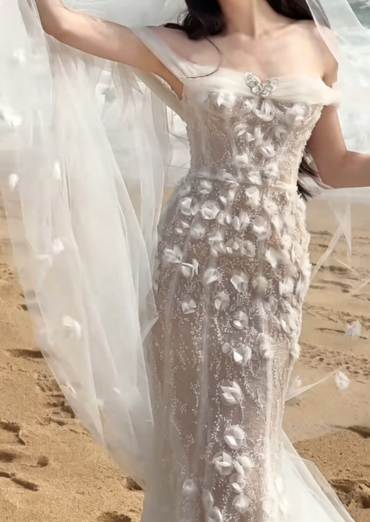 Glam Off-Shoulder Wedding Dress Sequins Tulle Mermaid Bridal Dress GG6329