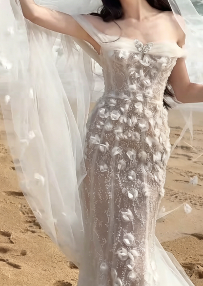 Glam Off-Shoulder Wedding Dress Sequins Tulle Mermaid Bridal Dress GG6329