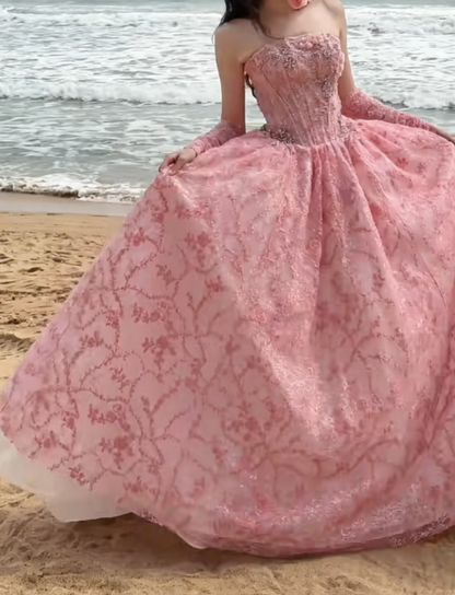Chic Strapless Pink Prom Dress Beading Sequins A-Line Evening Dress GG6331