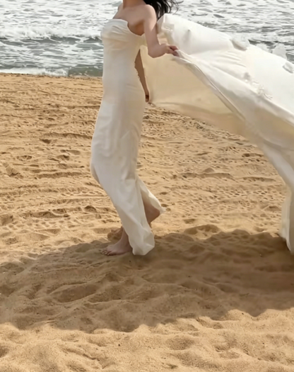 Glam Strapless White Wedding Dress With Train Satin Mermaid Bridal Dress GG6332