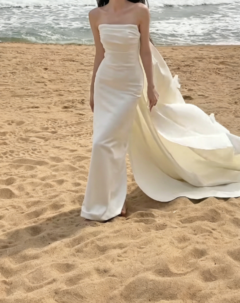 Glam Strapless White Wedding Dress With Train Satin Mermaid Bridal Dress GG6332