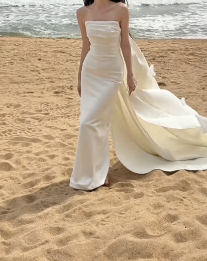 Glam Strapless White Wedding Dress With Train Satin Mermaid Bridal Dress GG6332