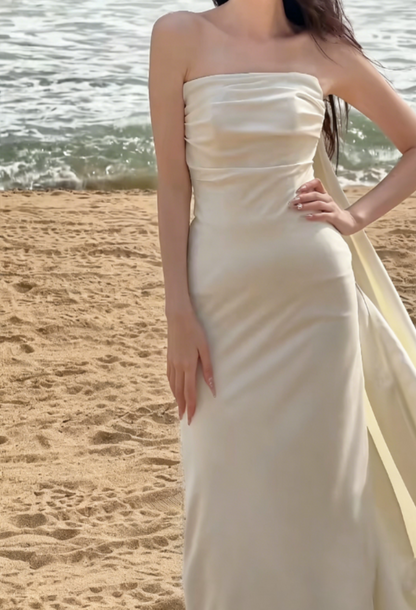 Glam Strapless White Wedding Dress With Train Satin Mermaid Bridal Dress GG6332