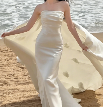 Glam Strapless White Wedding Dress With Train Satin Mermaid Bridal Dress GG6332
