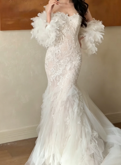 Ornate Strapless White Wedding Dress Lace Tulle Mermaid Bridal Dress GG6333
