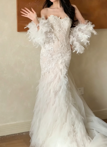 Ornate Strapless White Wedding Dress Lace Tulle Mermaid Bridal Dress GG6333
