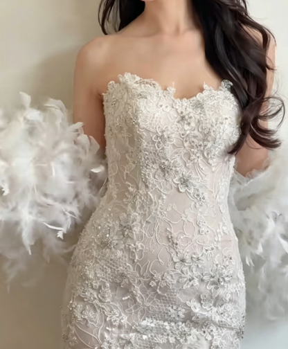 Ornate Strapless White Wedding Dress Lace Tulle Mermaid Bridal Dress GG6333
