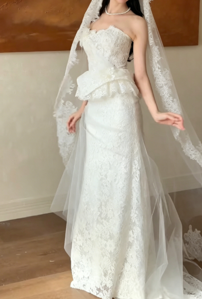 Charming Strapless Lace Wedding Dress Tulle Tiered Mermaid Bridal Dress GG6334