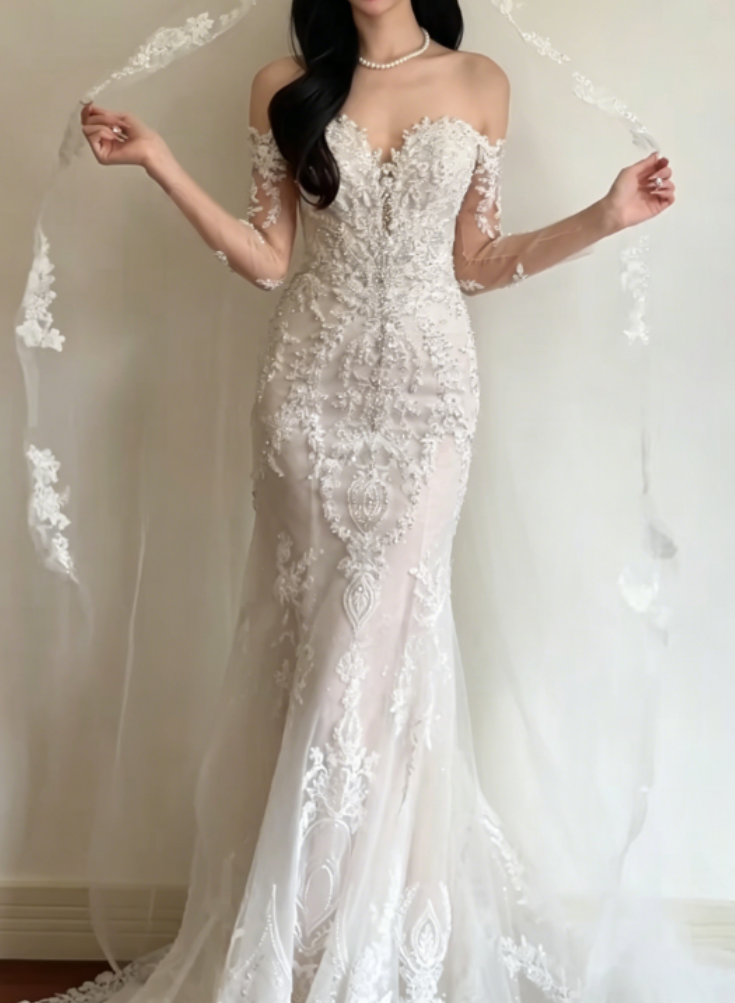 Glamorous Off-Shoulder Beaded Wedding Dress Long Sleeve Mermaid Bridal Dress GG6335