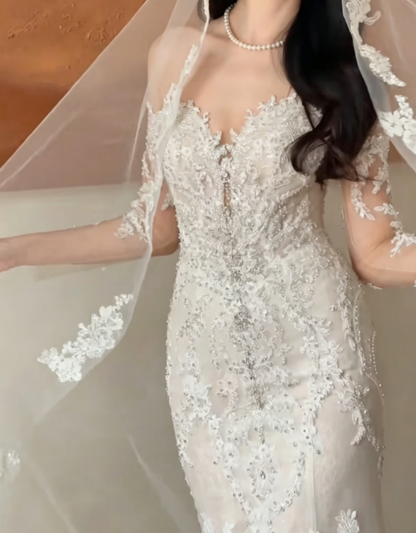 Glamorous Off-Shoulder Beaded Wedding Dress Long Sleeve Mermaid Bridal Dress GG6335