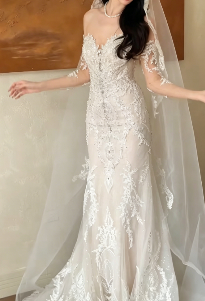 Glamorous Off-Shoulder Beaded Wedding Dress Long Sleeve Mermaid Bridal Dress GG6335
