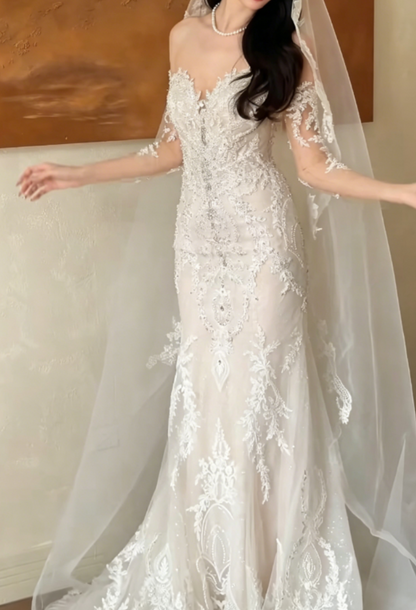 Glamorous Off-Shoulder Beaded Wedding Dress Long Sleeve Mermaid Bridal Dress GG6335