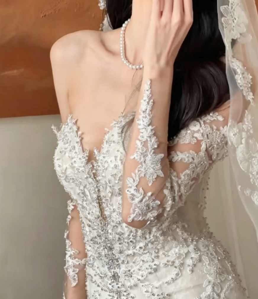 Glamorous Off-Shoulder Beaded Wedding Dress Long Sleeve Mermaid Bridal Dress GG6335