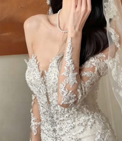 Glamorous Off-Shoulder Beaded Wedding Dress Long Sleeve Mermaid Bridal Dress GG6335