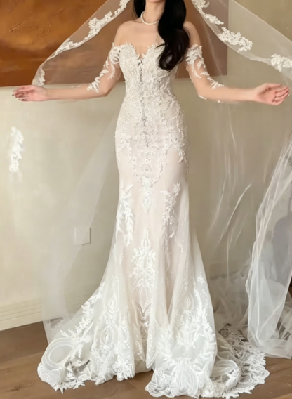 Glamorous Off-Shoulder Beaded Wedding Dress Long Sleeve Mermaid Bridal Dress GG6335