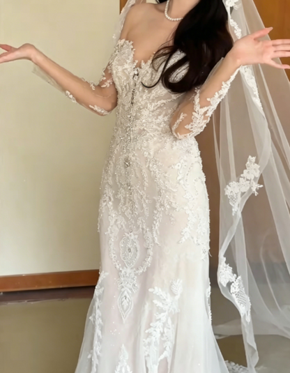 Glamorous Off-Shoulder Beaded Wedding Dress Long Sleeve Mermaid Bridal Dress GG6335