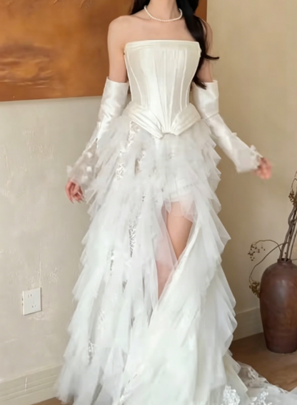 Chic Strapless High Slit Lace Satin Wedding Dress Tiered Tulle A-Line Bridal Dress GG6336