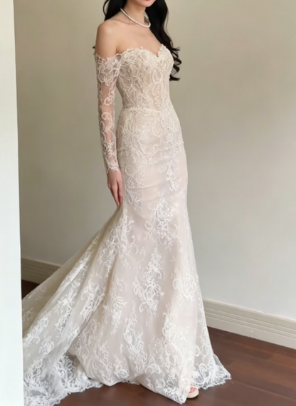 Classical Off-Shoulder Lace Wedding Dress Long Sleeve Mermaid Bridal Dress GG6337