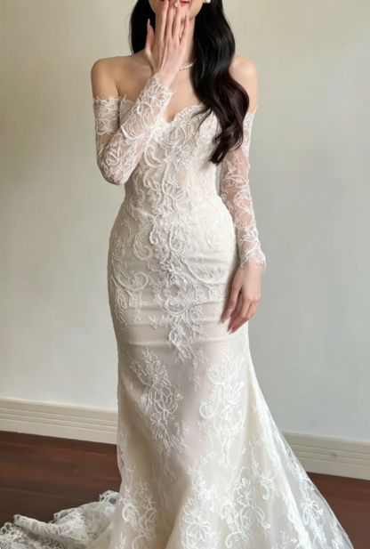 Classical Off-Shoulder Lace Wedding Dress Long Sleeve Mermaid Bridal Dress GG6337