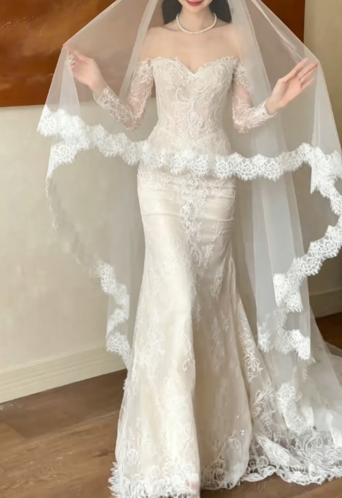 Classical Off-Shoulder Lace Wedding Dress Long Sleeve Mermaid Bridal Dress GG6337