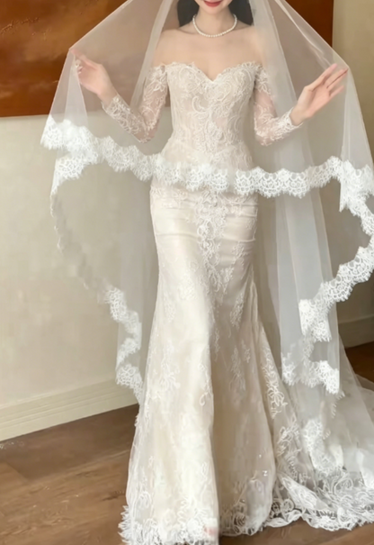 Classical Off-Shoulder Lace Wedding Dress Long Sleeve Mermaid Bridal Dress GG6337