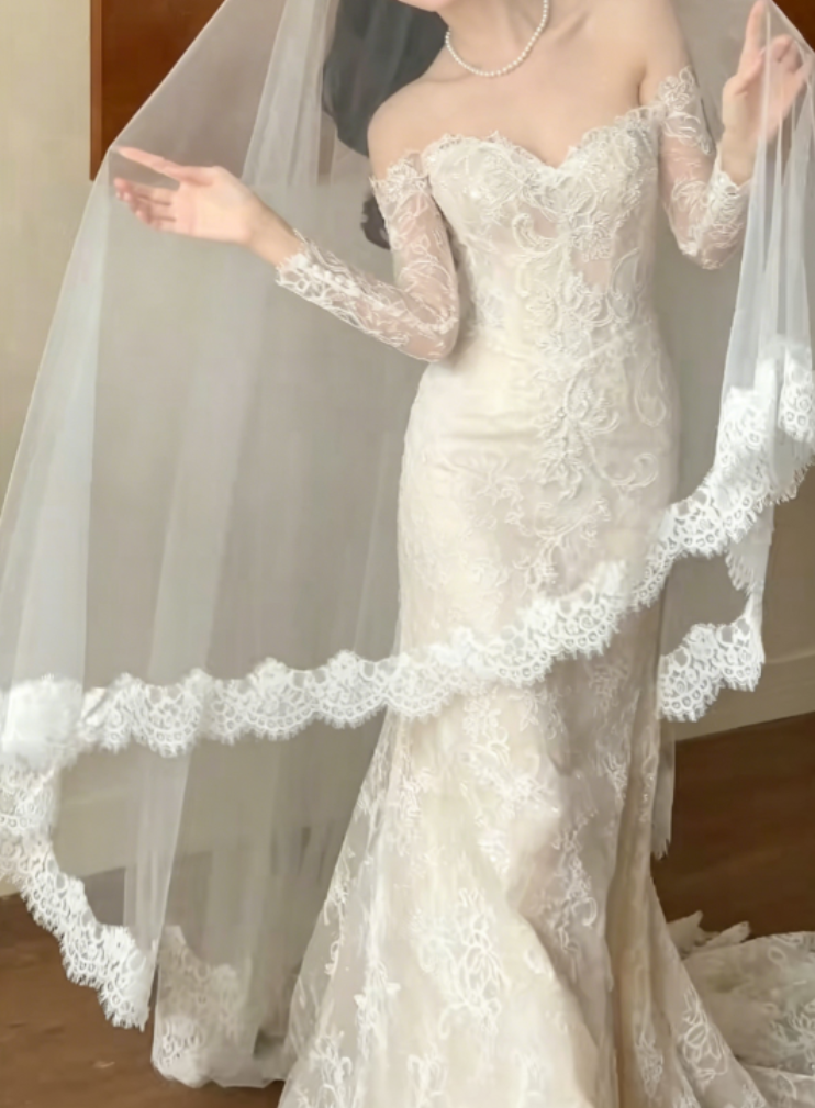 Classical Off-Shoulder Lace Wedding Dress Long Sleeve Mermaid Bridal Dress GG6337