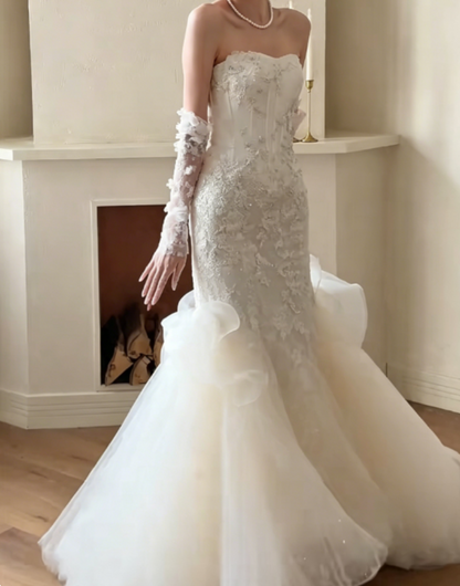 Elegant Strapless Sequins Wedding Dress Appliques Tulle Mermaid Bridal Dress GG6338