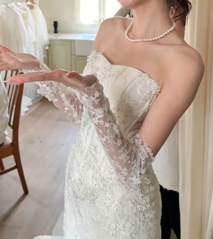 Elegant Strapless Sequins Wedding Dress Appliques Tulle Mermaid Bridal Dress GG6338