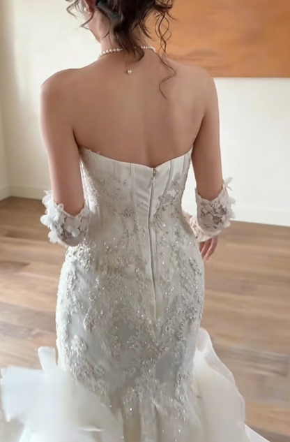 Elegant Strapless Sequins Wedding Dress Appliques Tulle Mermaid Bridal Dress GG6338