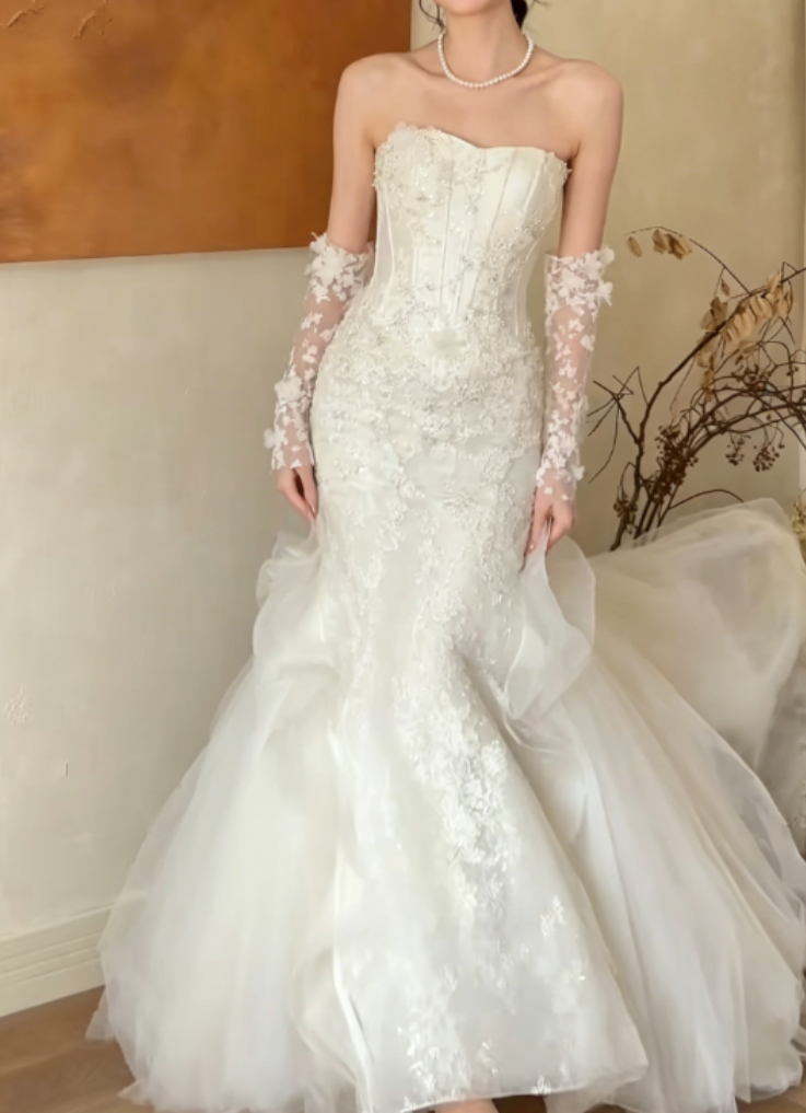 Elegant Strapless Sequins Wedding Dress Appliques Tulle Mermaid Bridal Dress GG6338