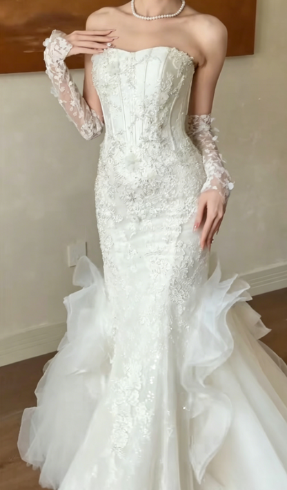 Elegant Strapless Sequins Wedding Dress Appliques Tulle Mermaid Bridal Dress GG6338