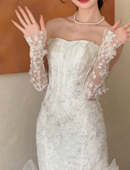 Elegant Strapless Sequins Wedding Dress Appliques Tulle Mermaid Bridal Dress GG6338