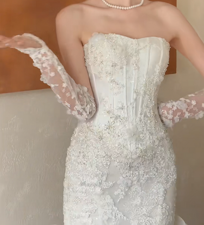 Elegant Strapless Sequins Wedding Dress Appliques Tulle Mermaid Bridal Dress GG6338
