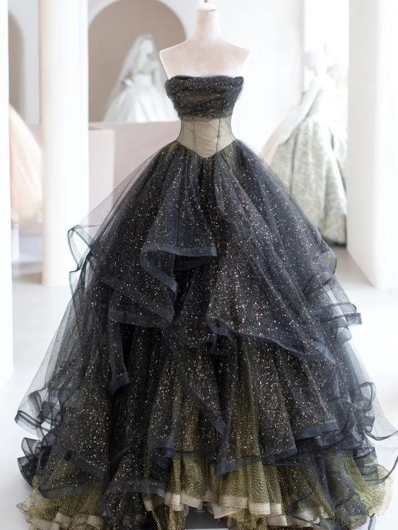 Glitter Ball Gown Strapless Dark Gray Tulle Sequin Long Prom Dress,Evening Dress GG634