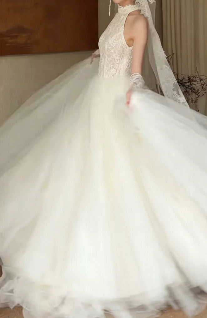 Fascinating Lace Bodice Wedding Dress Halter Neck Tulle A-Line Bridal Dress GG6341