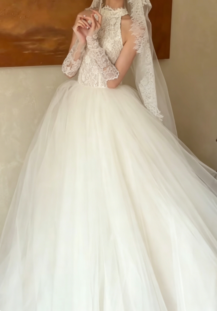 Fascinating Lace Bodice Wedding Dress Halter Neck Tulle A-Line Bridal Dress GG6341