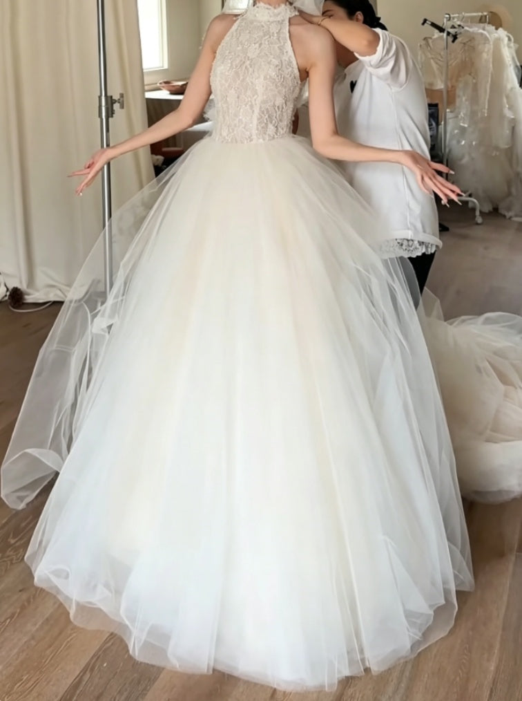 Fascinating Lace Bodice Wedding Dress Halter Neck Tulle A-Line Bridal Dress GG6341