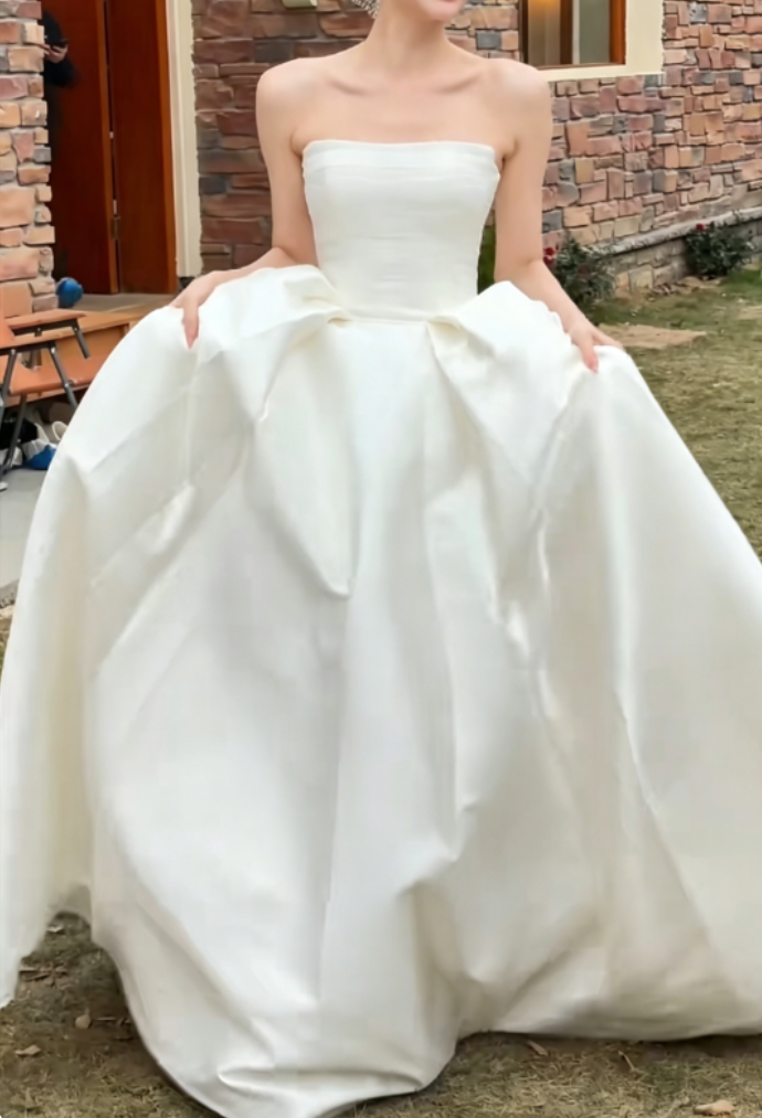 Mininmalism Strapless Wedding Dress Long Satin A-Line Bridal Dress GG6345