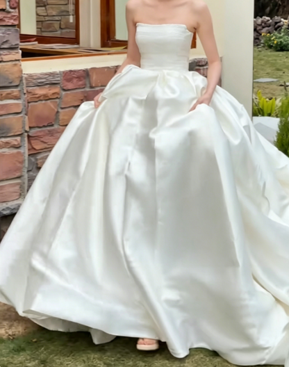 Mininmalism Strapless Wedding Dress Long Satin A-Line Bridal Dress GG6345