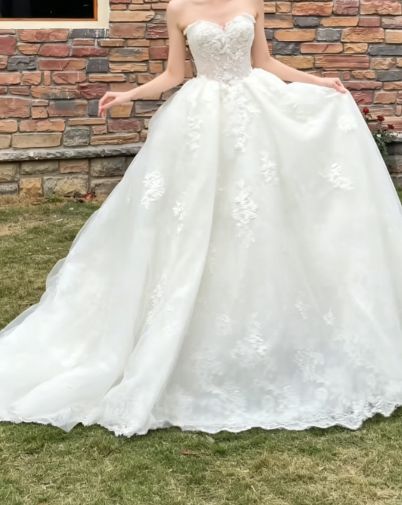 Sleek Strapless Wedding Dress Lace Applique A-Line Bridal Dress GG6346