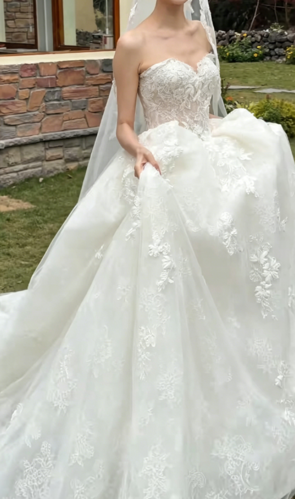 Sleek Strapless Wedding Dress Lace Applique A-Line Bridal Dress GG6346