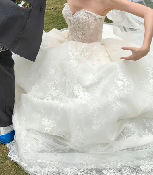 Sleek Strapless Wedding Dress Lace Applique A-Line Bridal Dress GG6346