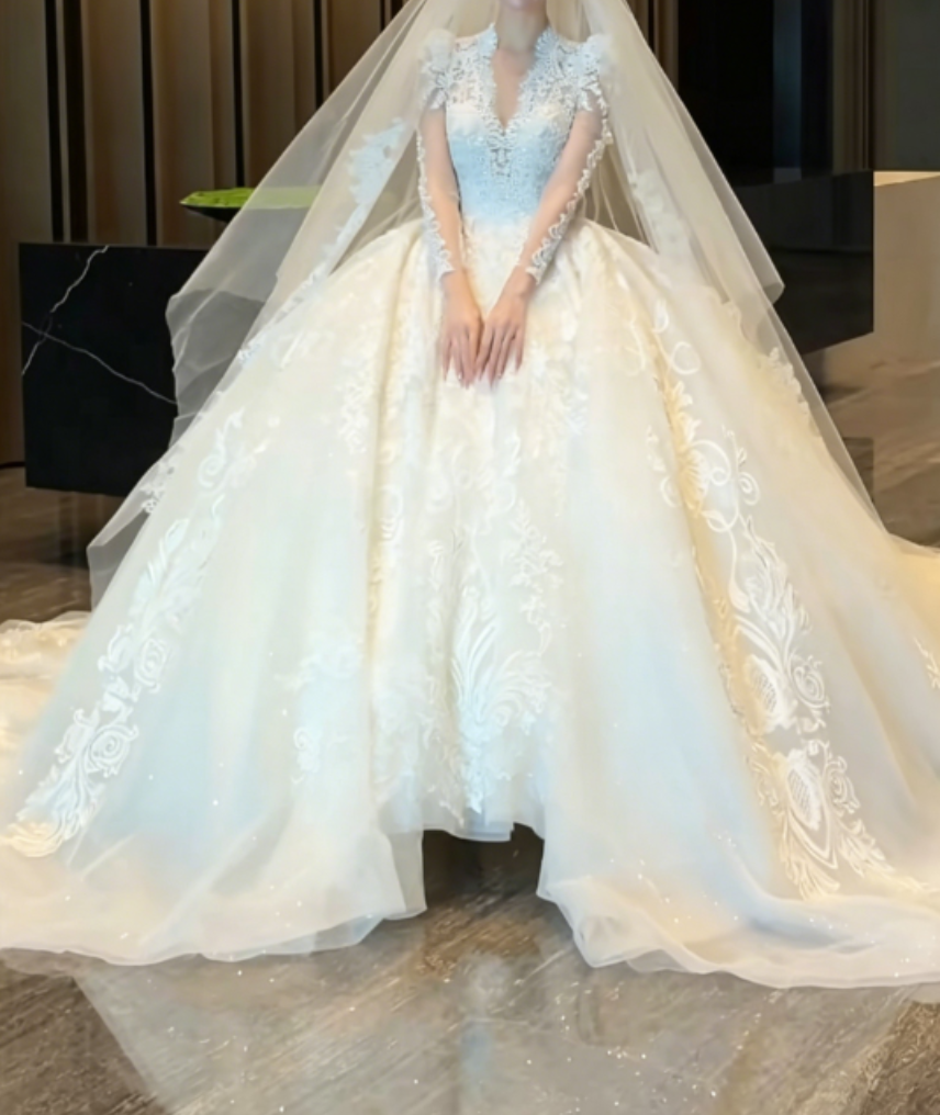 Romantic V Neck Wedding Dress Long Sleeve Appliques A-Line Bridal Dress GG6349