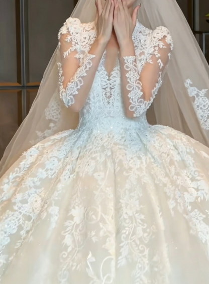 Romantic V Neck Wedding Dress Long Sleeve Appliques A-Line Bridal Dress GG6349
